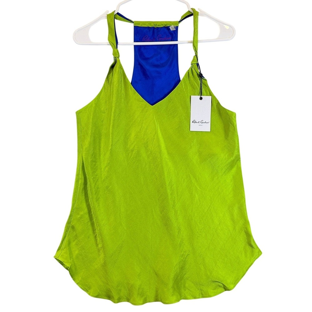 Robert Graham Dominique Sleeve Women S Lime Green Silk V-Neck Tank Top $198